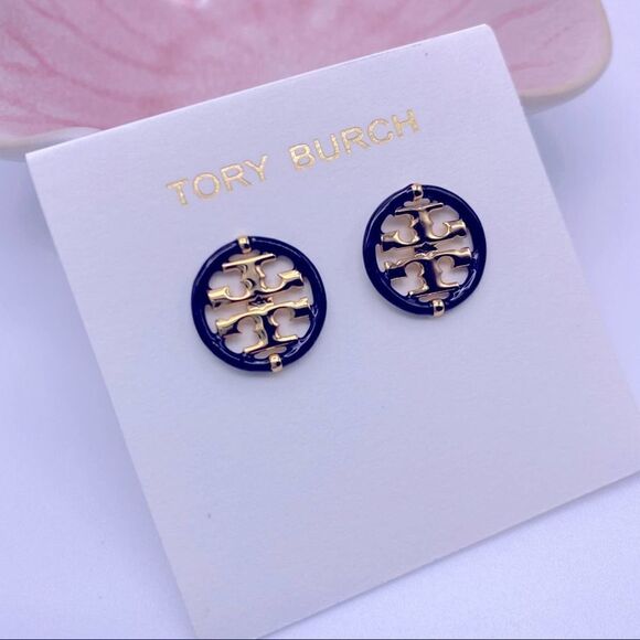 NWOT Tory Burch Gold DoubLe T With Black Enamel Trim Round Stud Earrings - Picture 3 of 10